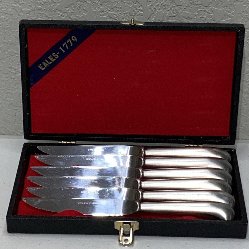 VTG Sheffield EALES 1779 Pistol Handle Knife Set 6 Stainless Steel Steak Knives